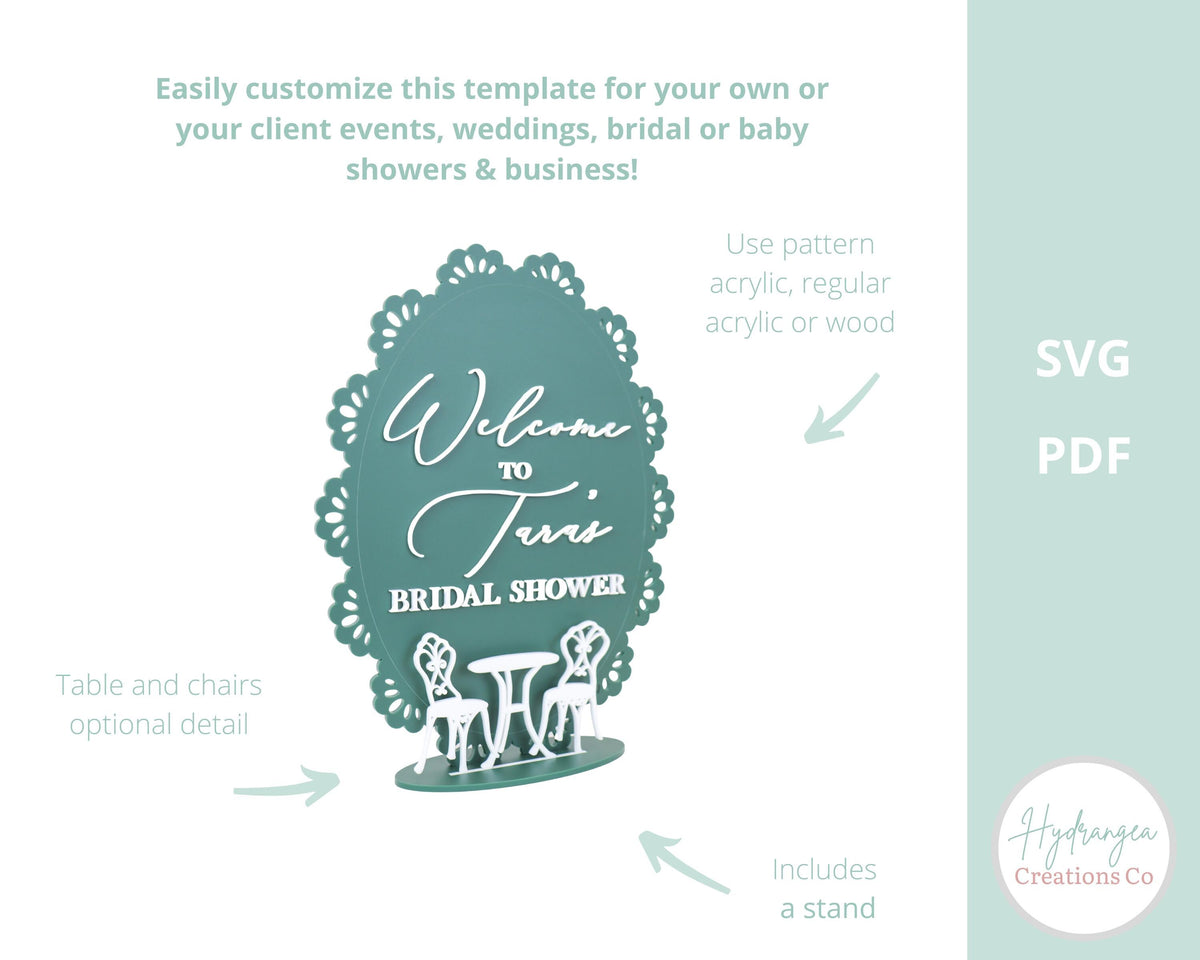 Lace Oval Sign Template SVG Signage | Tea Party Bridal Wedding Shower Sign | 8x10 Event Sign | Laser Cut File