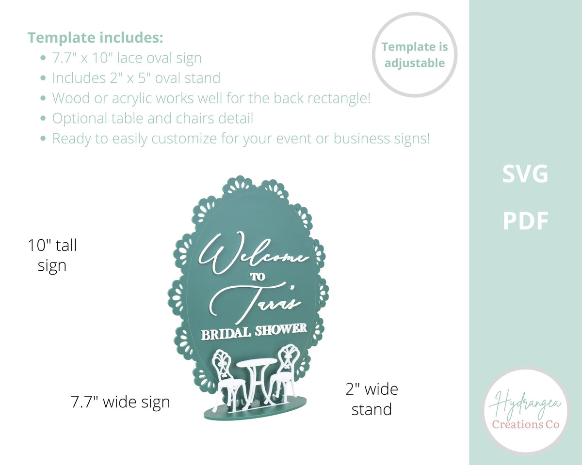 Lace Oval Sign Template SVG Signage | Tea Party Bridal Wedding Shower Sign | 8x10 Event Sign | Laser Cut File